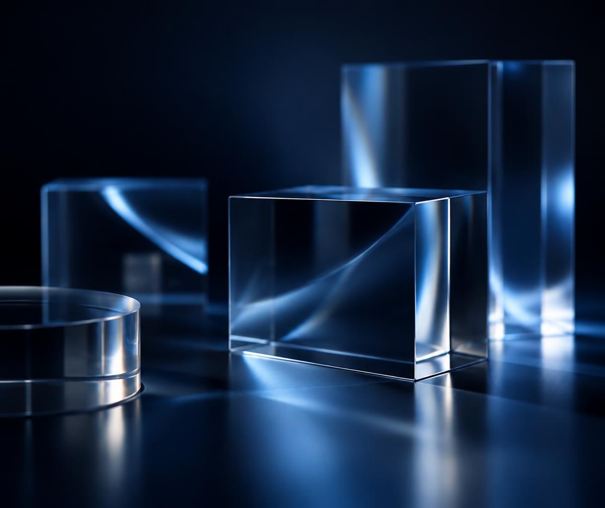 Abstract glass forms lit in soft blue light